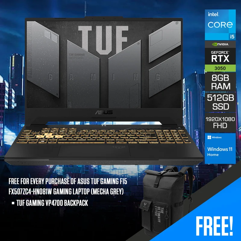 Asus TUF Gaming F15 FX507ZC4-HN081W Gaming Laptop (Mecha Grey) | 15.6" FHD 1920x1080 | I5-12500H | 8GB RAM | 512GB SSD | RTX 3050 | Windows 11 Home | TUF Gaming VP4700 Backpack
