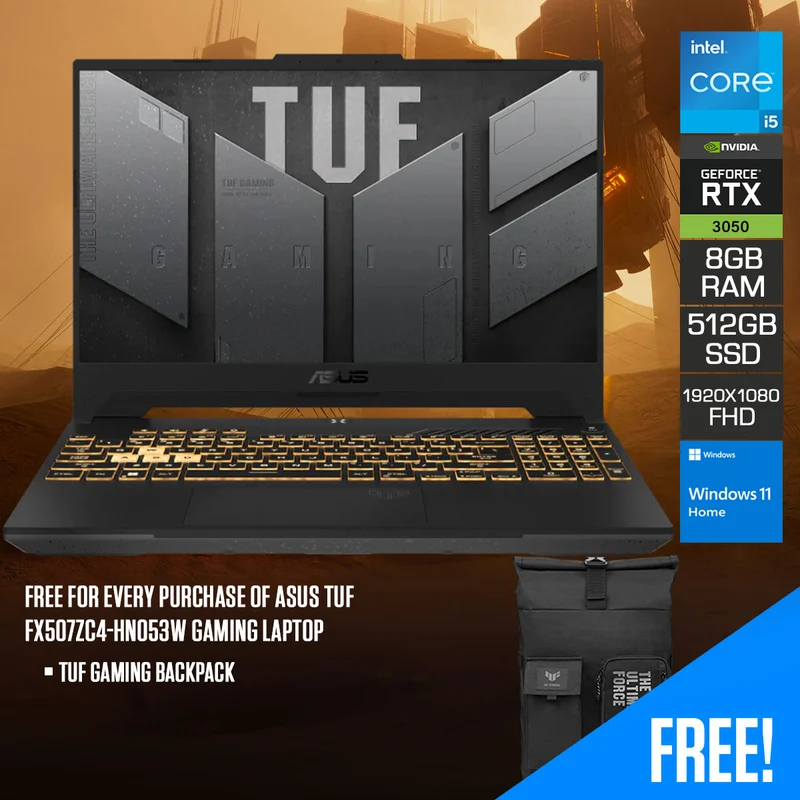 Asus TUF FX507ZC4-HN053W Gaming Laptop | 15.6" FHD (1920x1080) 144Hz | i5-12500H | 8GB RAM | 512GB SSD | RTX 3050 | Windows 11 Home | TUF Gaming Backpack