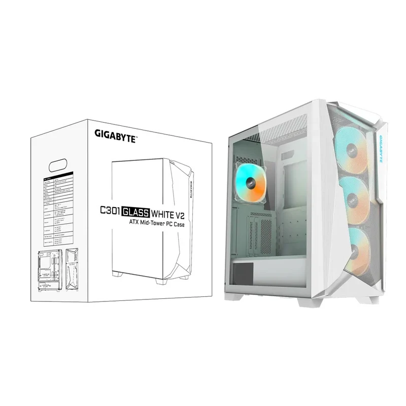Gigabyte C301 V2 Tempered Glass RGB Mid-Tower 4X ARGB PWM Fan ATX Case (White) (GB-C301GW-V2)