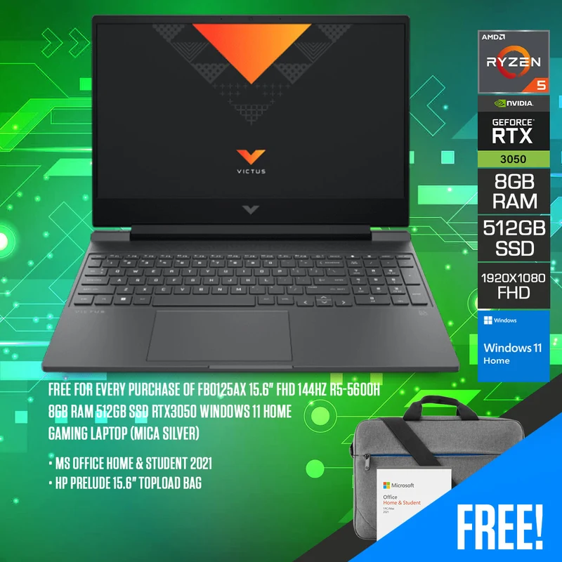 HP Victus 15-FB0125AX Gaming Laptop (Mica Silver) | 15.6" FHD | 144HZ | R5-5-5600H | 8GB RAM | 512GB SSD | RTX 3050 | Windows 11 Home | MS Office Home & Student 2021 | HP Prelude 15.6" Topload Bag