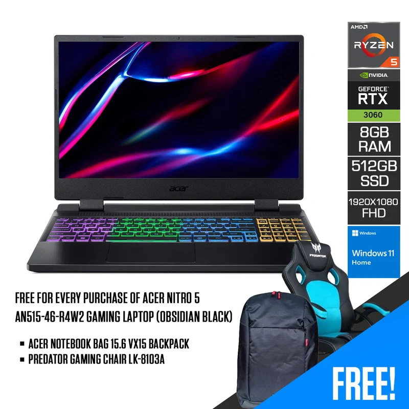 Acer Nitro 5 AN515-46-R4W2 Gaming Laptop (Obsidian Black) | 15.6" FHD | Ryzen™ 5 6600H | 8GB DDR5 | 512GB SSD | RTX 3060 | Windows 11 Home | Acer Notebook Bag 15.6 VX15 Backpack | Predator Gaming Chair LK-8103A