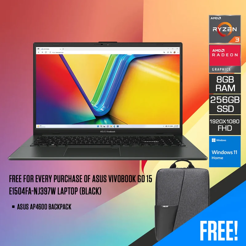 Asus Vivobook Go 15 E1504FA-NJ397W Laptop (Black) | 15.6" FHD 1920x1080 | RYZEN 3 7320U | 8GB DDR5 | 256GB SSD | AMD Radeon Graphics | Windows 11 | Asus AP4600 Backpack