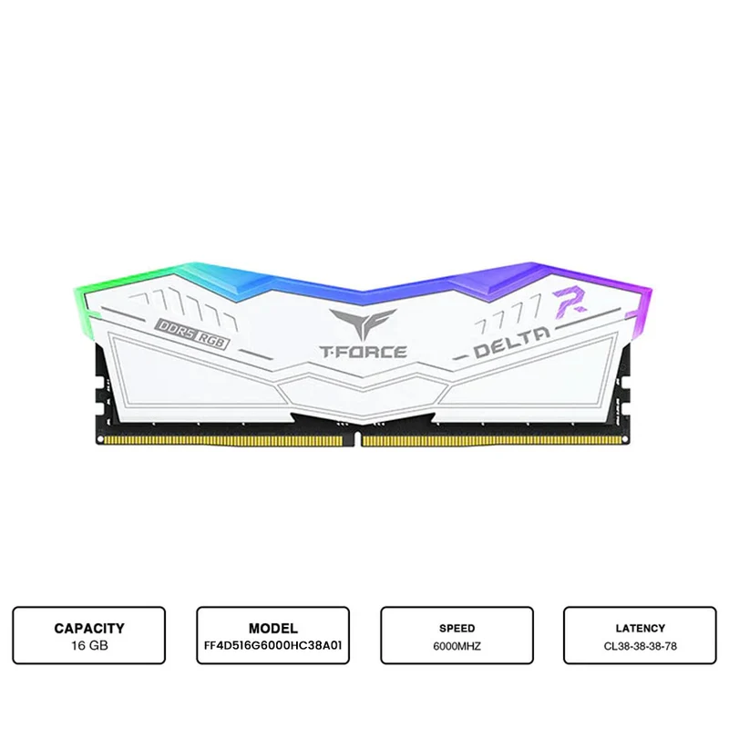 Teamgroup T-Force Delta RGB 16GB (1X16GB) DDR5 Intel XMP 6000MHZ CL38-38-38-78 1.25V Gaming Desktop Memory (White) (FF4D516G6000HC38A01)