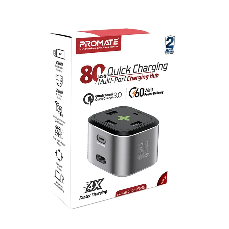 Promate Powercube-PD80 80W Quick Charging Multi-Port Charging Station (Grey)