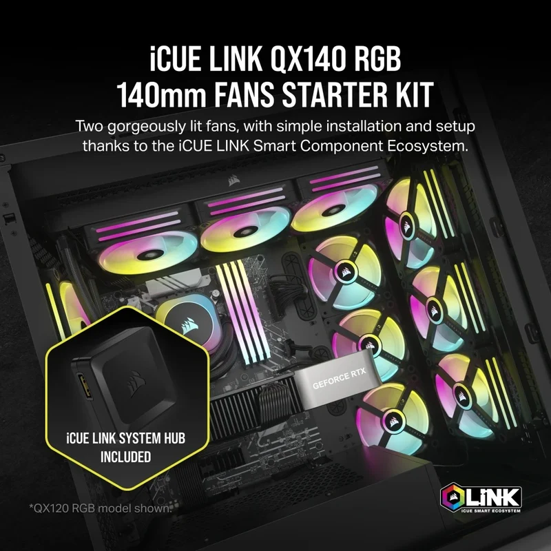 Corsair iCUE Link QX140 RGB 140mm PWM PC Fans Starter Kit With iCUE Link System Hub (Black) (Twin Pack)