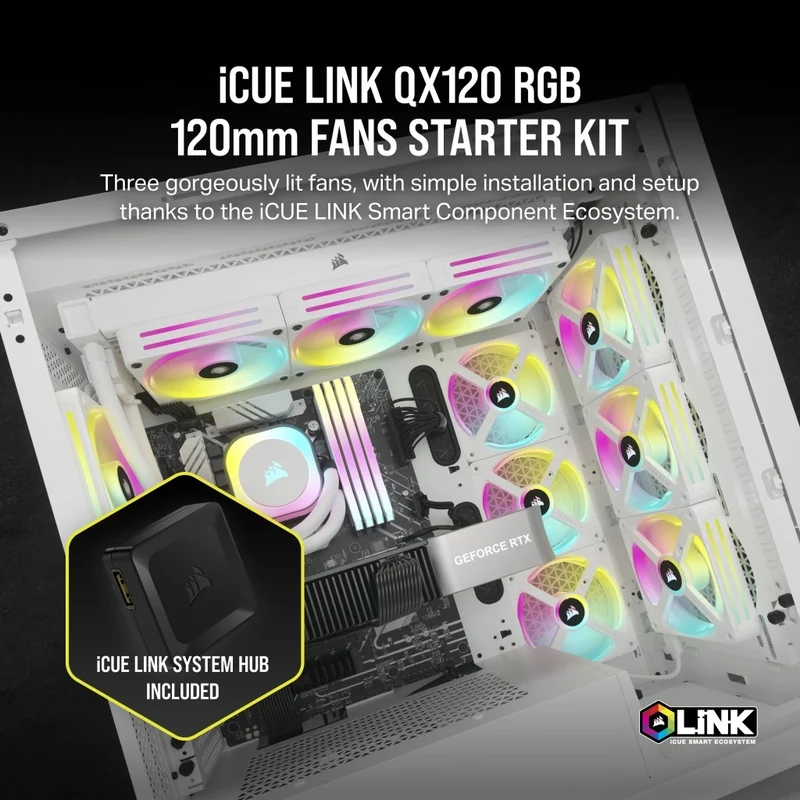 Corsair iCUE Link QX120 RGB 120mm PWM PC Fans Starter Kit With iCUE Link System Hub (White) (Triple Pack)