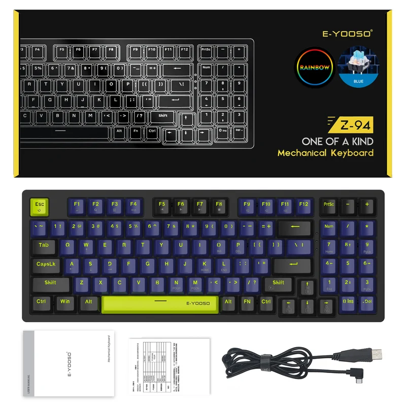 E-Yooso Z-94 Rainbow Light 94-Keys Hot-Swappable Wired Mechanical Keyboard Blue/Black (Blue Switch)