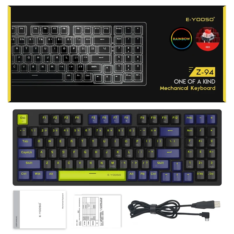 E-Yooso Z-94 Rainbow Light 94-Keys Hot-Swappable Wired Mechanical Keyboard Black/Blue (Red Switch)