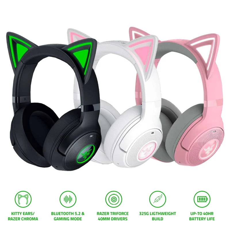 Razer Kraken Kitty V2 BT Wireless Bluetooth RGB Headset w/ Kitty Ears (Black, White, Quartz)