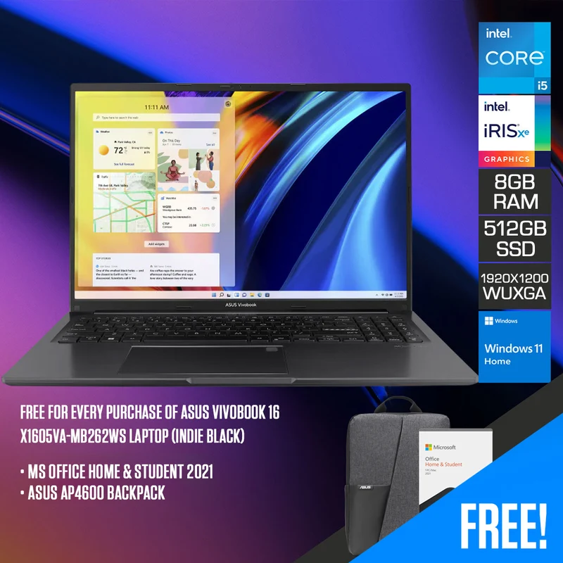 Asus Vivobook 16 X1605VA-MB262WS Laptop (Indie Black) | 16” WUXGA (1920x1200) | i5-135000H | 8GB RAM | 512 GB SSD | Intel Xe Graphics | Windows 11 Home | MS Office Home & Student 2021 | Asus AP4600 Backpack