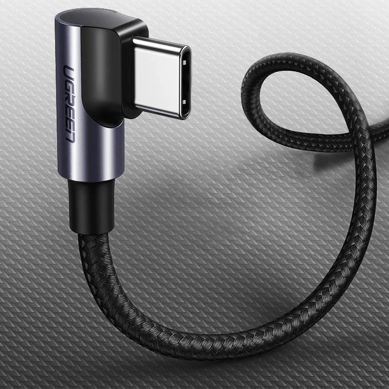 UGreen USB-C To Angled USB-C 2.0 Round Cable M/M Aluminum Shell Nickel Plating - 1m (Grey Black) (US255/50123)