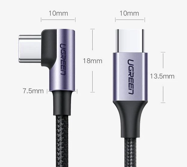 UGreen USB-C To Angled USB-C 2.0 Round Cable M/M Aluminum Shell Nickel Plating - 1m (Grey Black) (US255/50123)