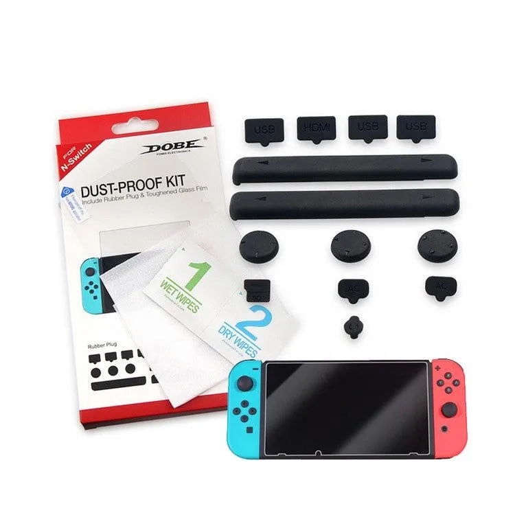 NSW Console With Grey Joycon (Refresh) (New Packaging) | NSW Dobe Dust-Proof Kit Include Rubber Plug & Toughened Glass Film (TNS-862) Bundle