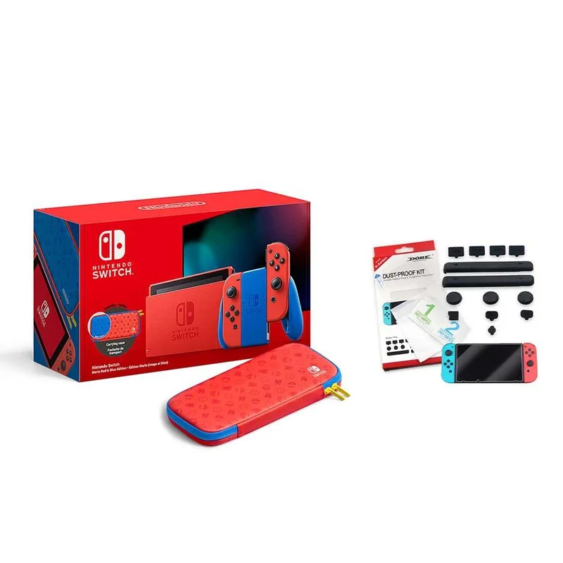 Nintendo Switch Console Mario Red & Blue Edition (Includes Carrying Case) + NSW Dobe Dust-Proof Kit Include Rubber Plug & Toughened Glass Film (TNS-862) Bundle