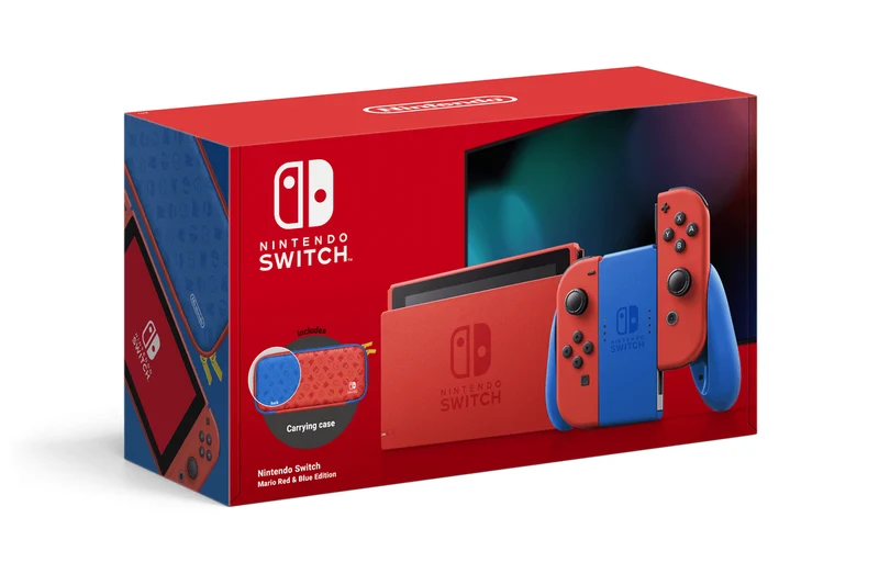 Nintendo Switch Console Mario Red & Blue Edition (Includes Carrying Case) + NSW Dobe Dust-Proof Kit Include Rubber Plug & Toughened Glass Film (TNS-862) Bundle