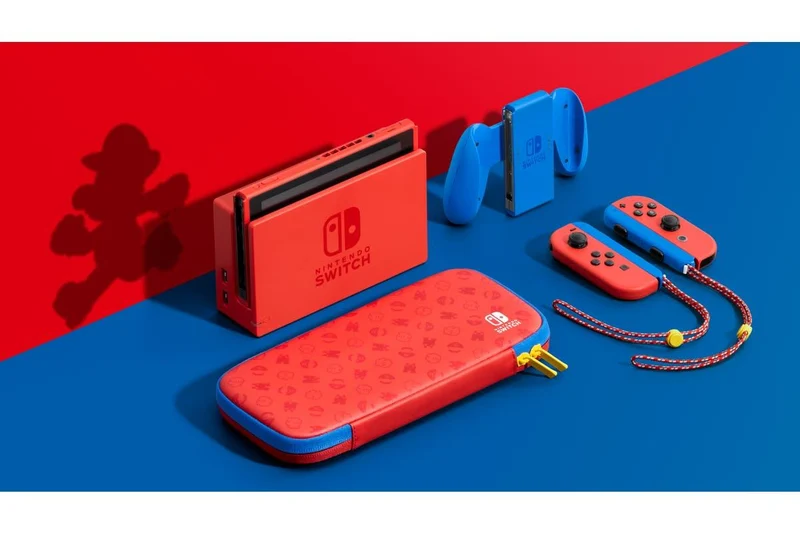 Nintendo Switch Console Mario Red & Blue Edition (Includes Carrying Case) + NSW Dobe Dust-Proof Kit Include Rubber Plug & Toughened Glass Film (TNS-862) Bundle