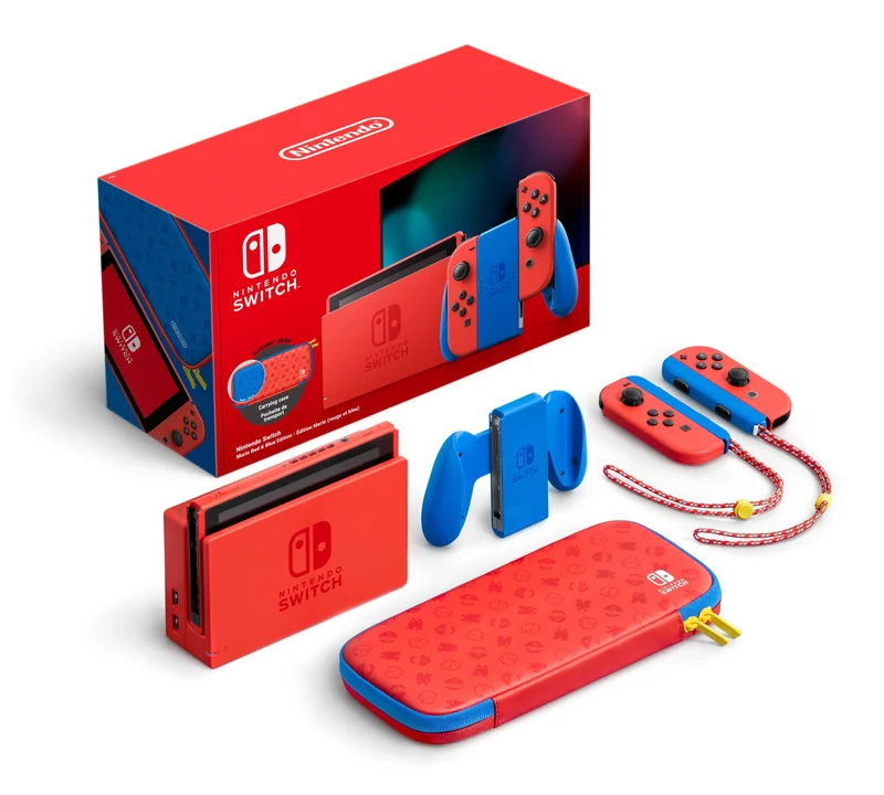 Nintendo Switch Console Mario Red & Blue Edition (Includes Carrying Case) + NSW Dobe Dust-Proof Kit Include Rubber Plug & Toughened Glass Film (TNS-862) Bundle
