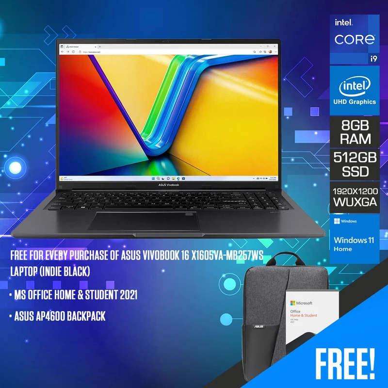 Asus Vivobook 16 X1605VA-MB257WS Laptop (Indie Black) | 16" WUXGA | i9-13900H | 512GB SSD | 8GB RAM | Intel UHD Graphics | Windows 11 Home | MS Office Home & Student 2021 | Asus AP4600 Backpack