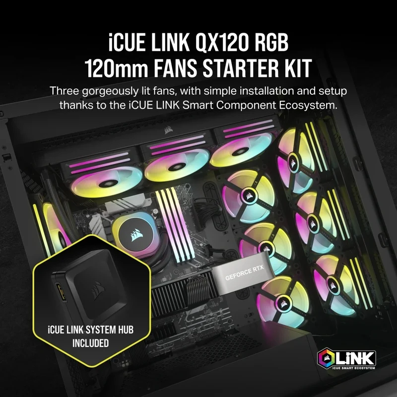 Corsair iCUE Link QX120 RGB 120mm PWM PC Fans Starter Kit With iCUE Link System Hub (Black) (Triple Pack)