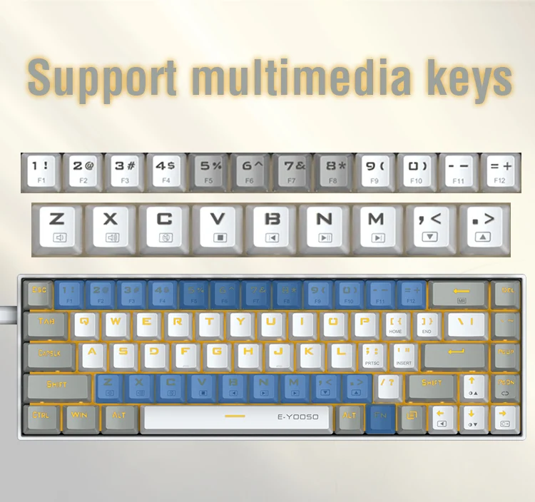 E-Yooso Z-686 Yellow Single Light 68 Keys Hot-Swappable Wired Mechanical Keyboard Grey/White (Red Switch)