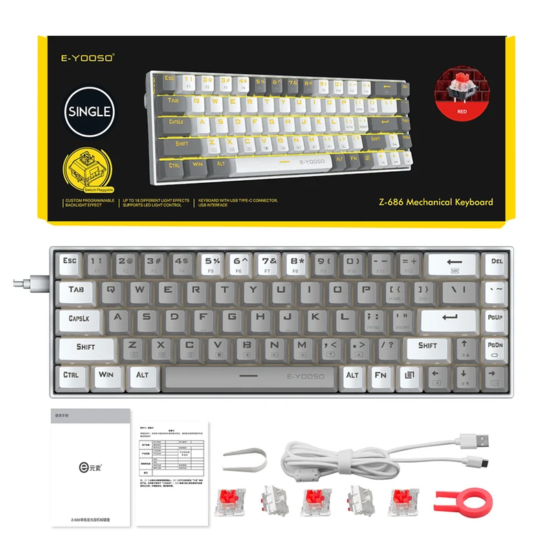 E-Yooso Z-686 Yellow Single Light 68 Keys Hot-Swappable Wired Mechanical Keyboard Grey/White (Red Switch)