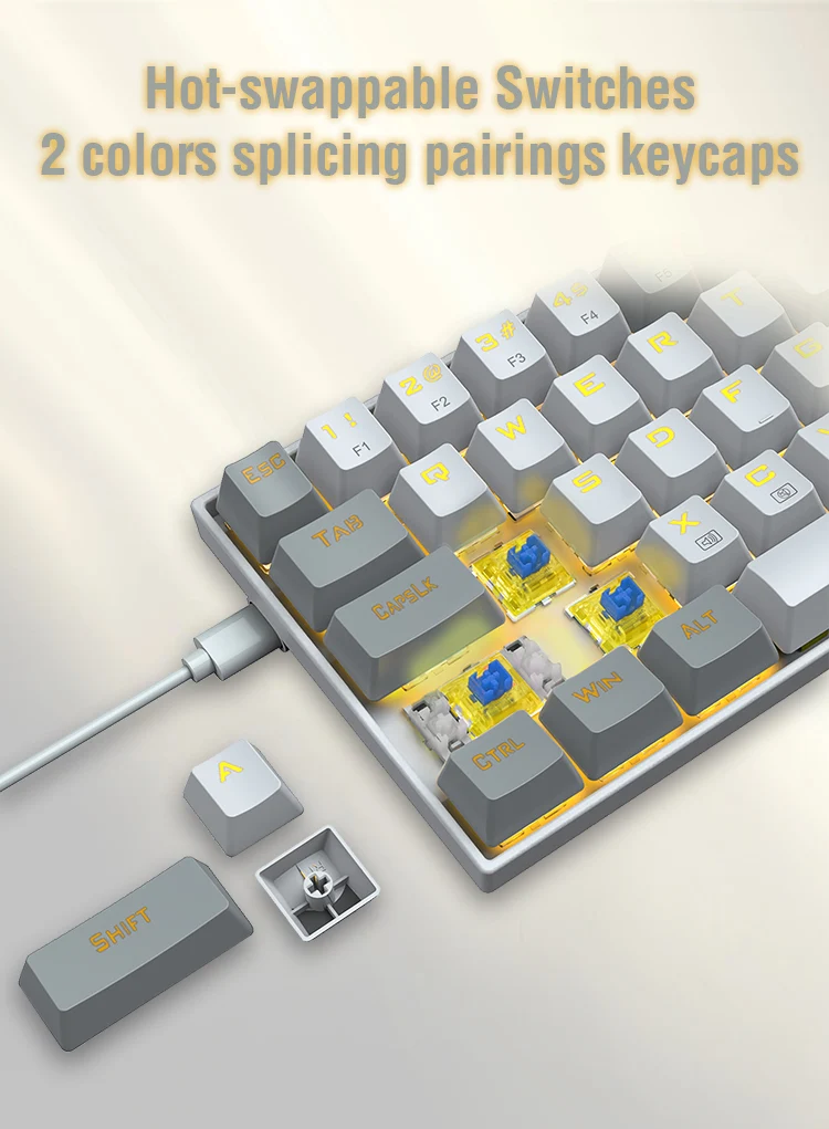 E-Yooso Z-686 Yellow Single Light 68 Keys Hot-Swappable Wired Mechanical Keyboard Grey/White (Red Switch)