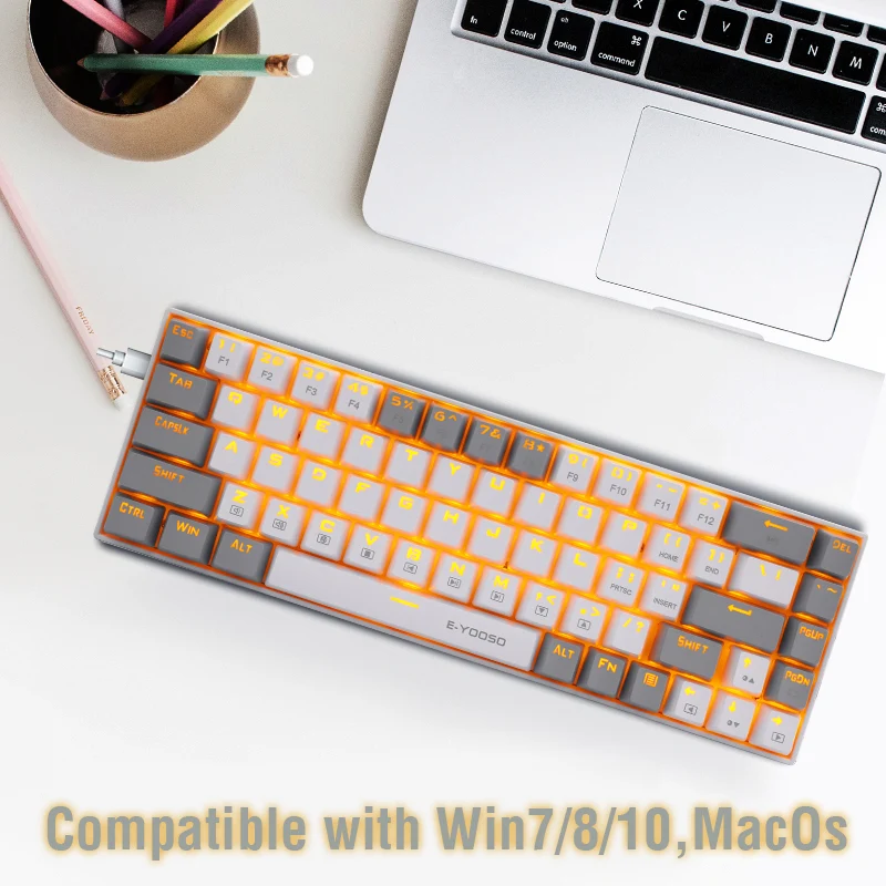 E-Yooso Z-686 Yellow Single Light 68 Keys Hot-Swappable Wired Mechanical Keyboard Grey/White (Red Switch)