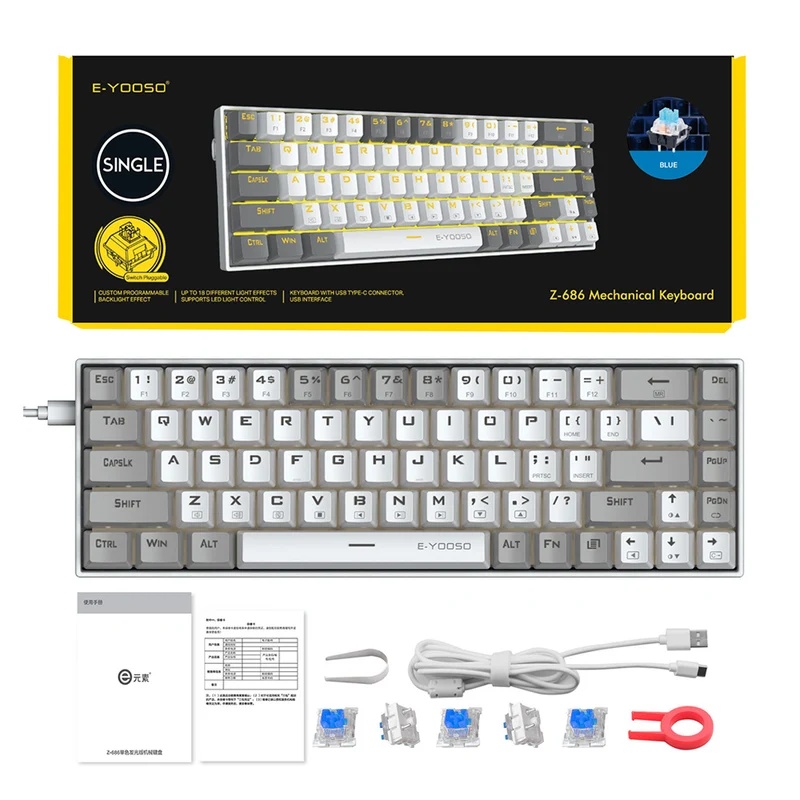 E-Yooso Z-686 Yellow Single Light 68 Keys Hot-Swappable Wired Mechanical Keyboard White/Grey