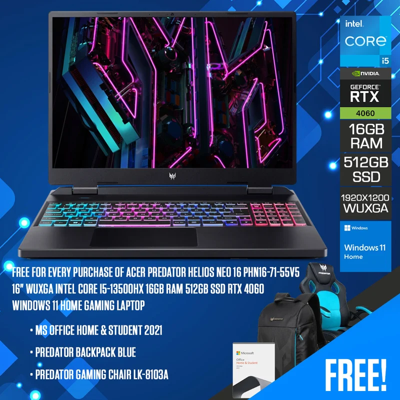 Acer Predator Helios Neo 16 PHN16-71-55V5 Gaming Laptop | 16" WUXGA 1920x1200 | i5-13500HX | 16GB RAM | 512GB SSD | RTX 4060 | Windows 11 Home | MS Office Home & Student 2021 | Predator Backpack Blue | Predator Gaming Chair LK-8103A