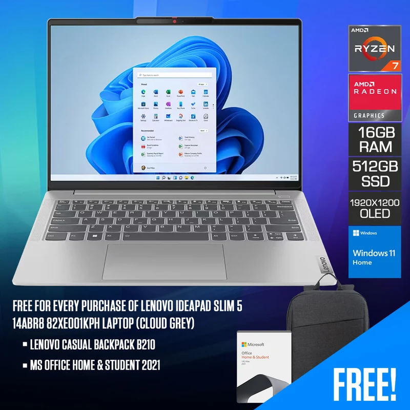 Lenovo Ideapad Slim 5 14ABR8 82XE001KPH Laptop (Cloud Grey) | 14" WUXGA (1920x1200) OLED | Ryzen™ 7 7730U | 16 GB RAM | 512 GB SSD | AMD Radeon™ Graphics | Windows 11 Home | MS Office Home & Student 2021 | Lenovo Casual Backpack B210