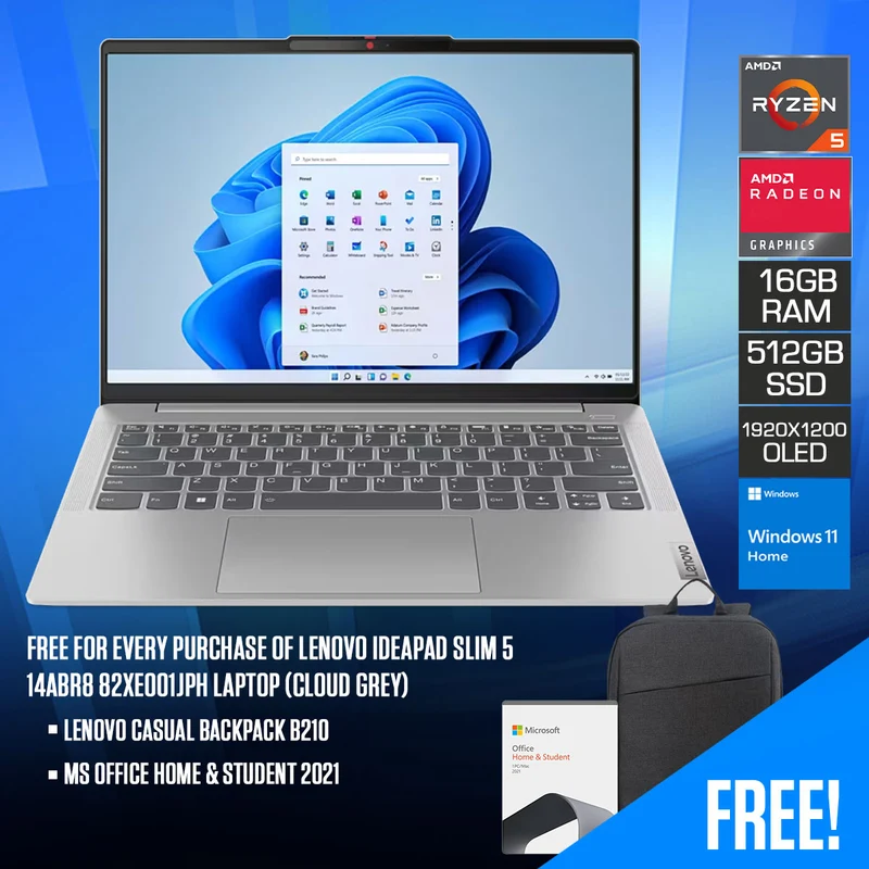 Lenovo Ideapad Slim 5 14ABR8 82XE001JPH Laptop (Cloud Grey) | 14" WUXGA (1920x1200) OLED | Ryzen 5 7530U | 16GB RAM | 512GB SSD | AMD Radeon Graphics | Windows 11 Home | MS Office Home & Student 2021 | Lenovo Casual Backpack B210