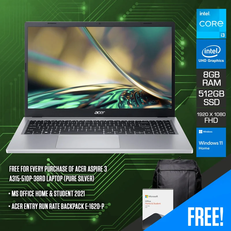 Acer Aspire 3 A315-510P-38RD Laptop (Pure Silver) | 15.6” FHD (1920 x 1080) | i3-N305 | 8GB RAM | 512GB SSD | Intel UHD Graphics | Windows 11 Home | Acer Entry Run Rate Backpack E-1620-P