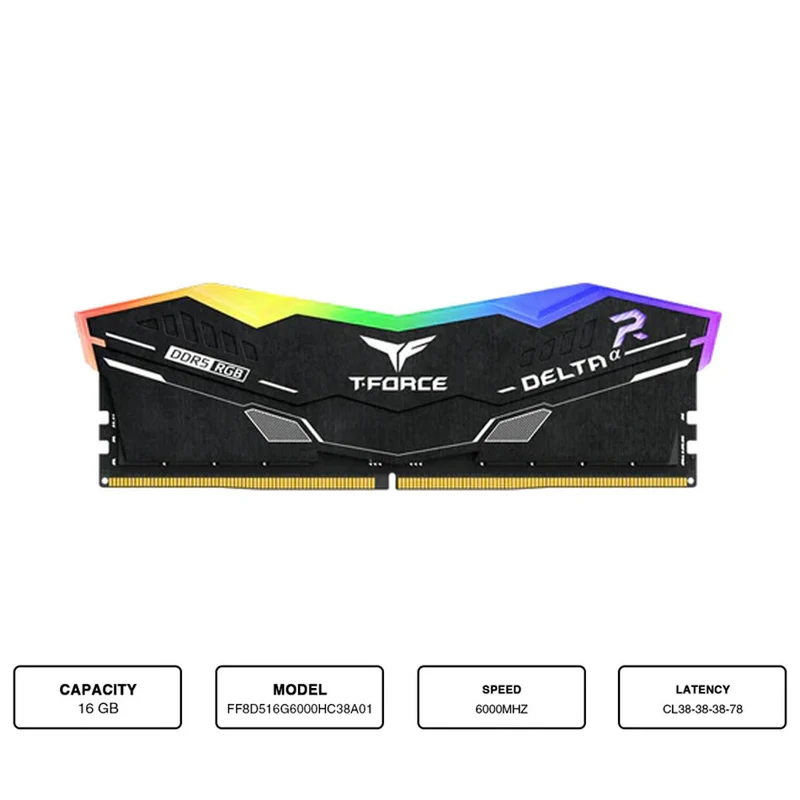 Teamgroup T-Force Delta A RGB 16GB (1x16GB) DDR5 AMD Expo 6000MHz CL38-38-38-78 1.25V Gaming Desktop Memory (Black) (FF7D516G6000HC38A01)