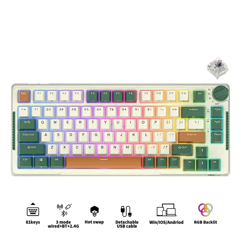 Royal Kludge RK-H81 Tri-Mode RGB 81 Keys Hot Swappable Mechanical Keyboard Timing Machine (k Silver Switch)