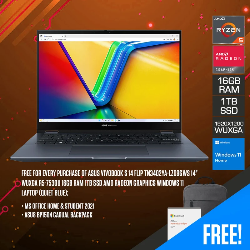Asus Vivobook S 14 Flip TN3402YA-LZ096WS Laptop (Quiet Blue) | 14 WUXGA | R5-7530U | 1TB SSD | 16GB RAM | AMD Radeon Graphics | Windows 11 Home | MS Office Home & Student 2021 | Asus BP1504 Casual Backpack
