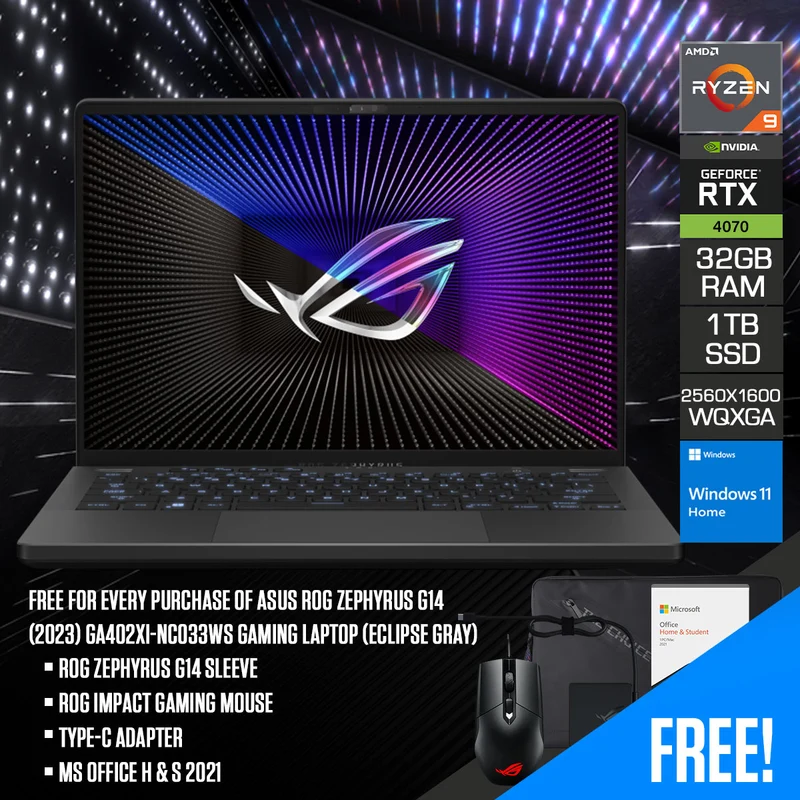 Asus ROG Zephyrus G14 (2023) GA402XI-NC033WS Gaming Laptop (Eclipse Gray) | 14" WQXGA Mini LED 165HZ | R9 7940HS | 32GB RAM | 1TB SSD | RTX 4070 | Win 11 Home | MS Office H & S 2021 | ROG Zephyrus G14 Sleeve | ROG Impact Gaming Mouse | Type-C Adapter