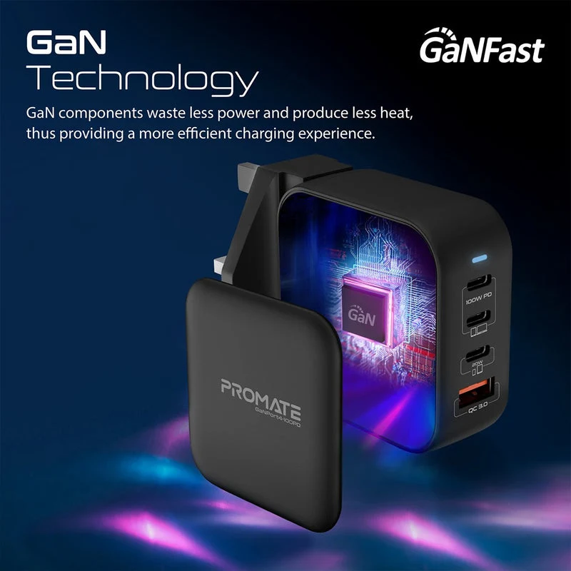 Promate GaNPort4-100PD 100W Power Delivery GaNFast Charger with Quick Charge 3.0 (Black)