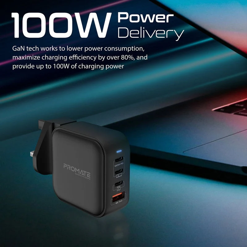 Promate GaNPort4-100PD 100W Power Delivery GaNFast Charger with Quick Charge 3.0 (Black)