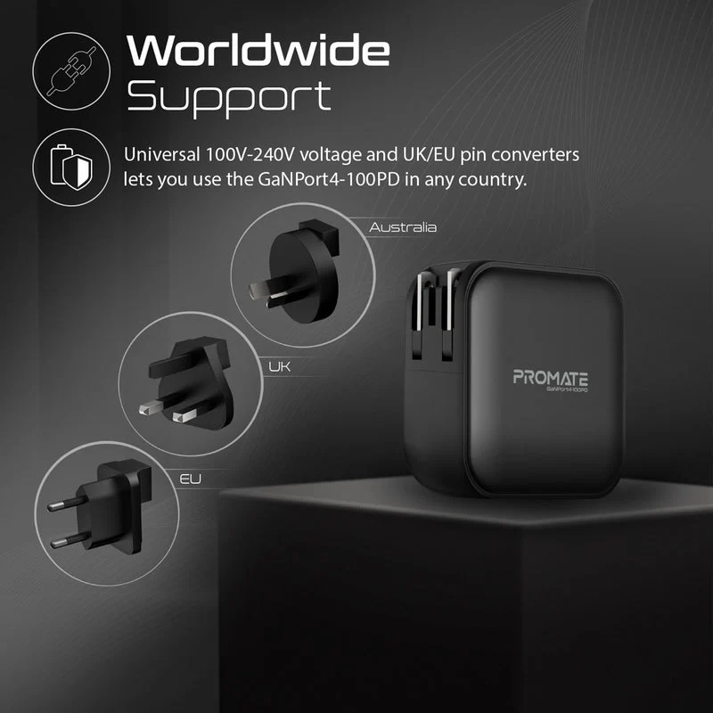 Promate GaNPort4-100PD 100W Power Delivery GaNFast Charger with Quick Charge 3.0 (Black)