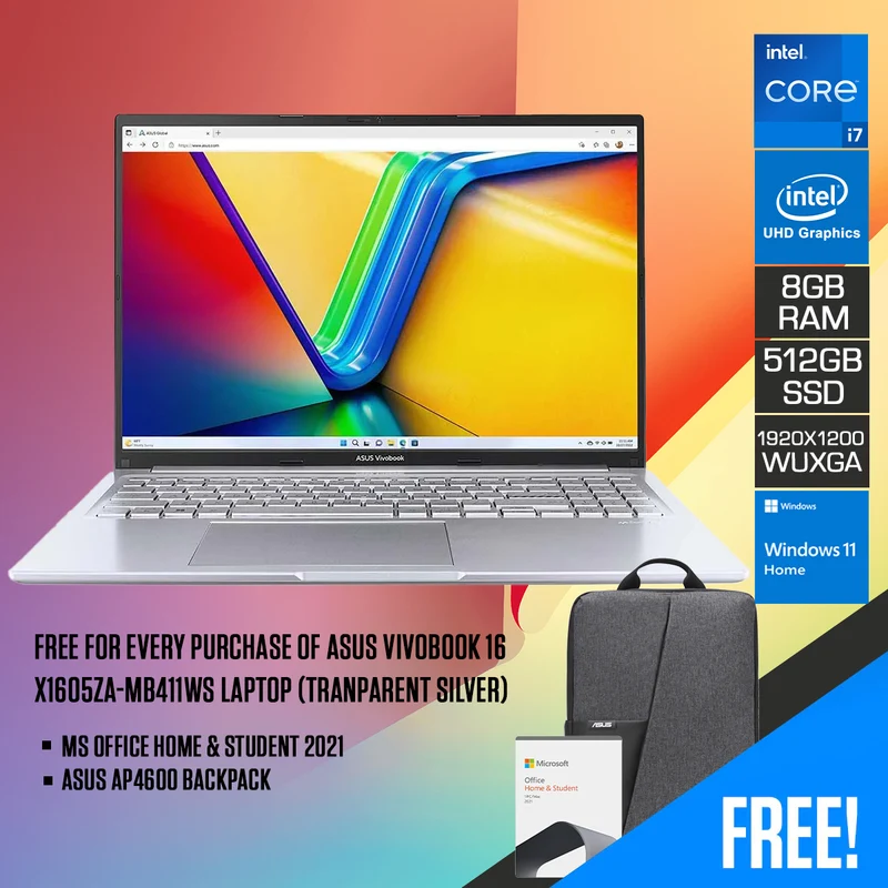 Asus Vivobook 16 X1605ZA-MB411WS Laptop (Transparent Silver) | 16” WUXGA IPS (1920x1200) | i7-1255U | 8GB RAM | 512GB SSD | Intel UHD Graphics | Windows 11 Home | MS Office Home & Student 2021 | Asus AP4600 Backpack
