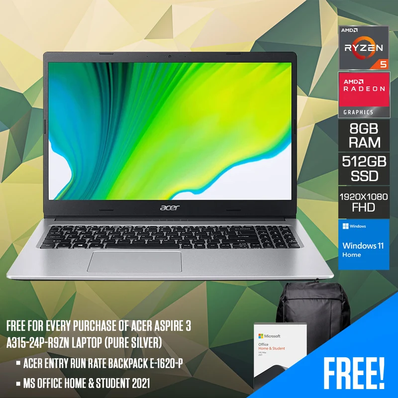 Acer Aspire 3 A315-24P-R9ZN Laptop (Pure Silver) | 15.6" FHD (1920x1080) | Ryzen 5 7520U | 8GB RAM | 512GB SSD | AMD Radeon Graphics | Windows 11 Home | MS Office Home & Student 2021 | Acer Entry Run Rate Backpack E-1620-P