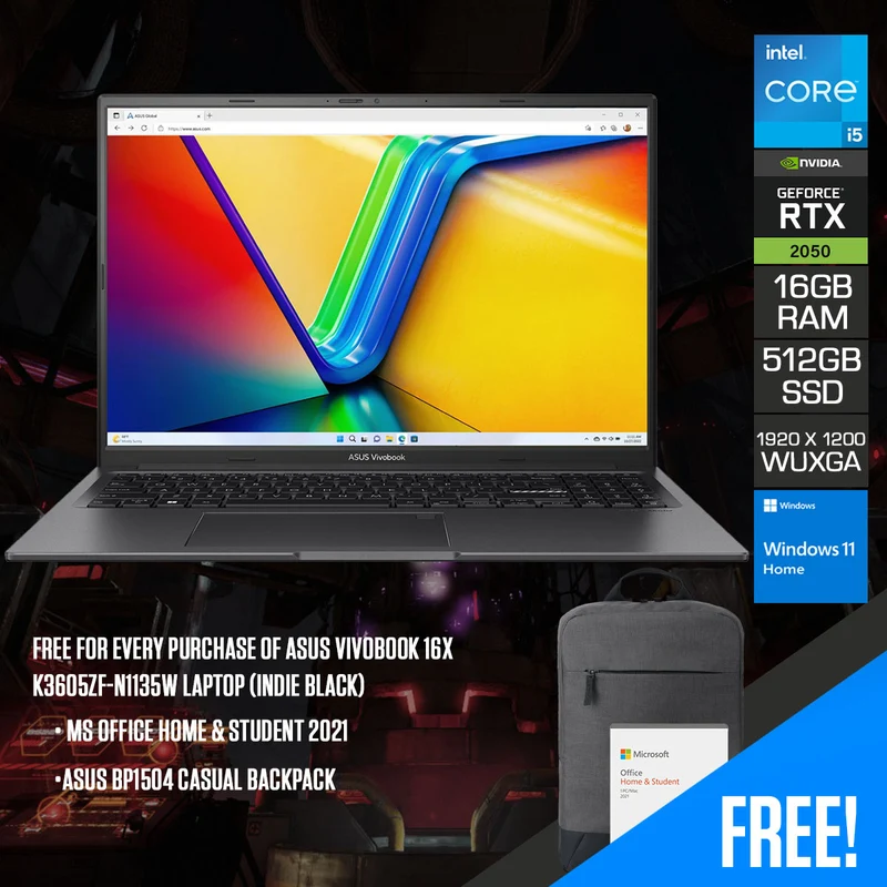 Asus Vivobook 16X K3605ZF-N1135WS Laptop (Indie Black) | 16" WUXGA (1920x1200) | i5-12450H | 16GB RAM | 512GB SSD | RTX 2050 | Windows 11 Home | MS Office Home & Student 2021 | Asus BP1504 Casual Backpack