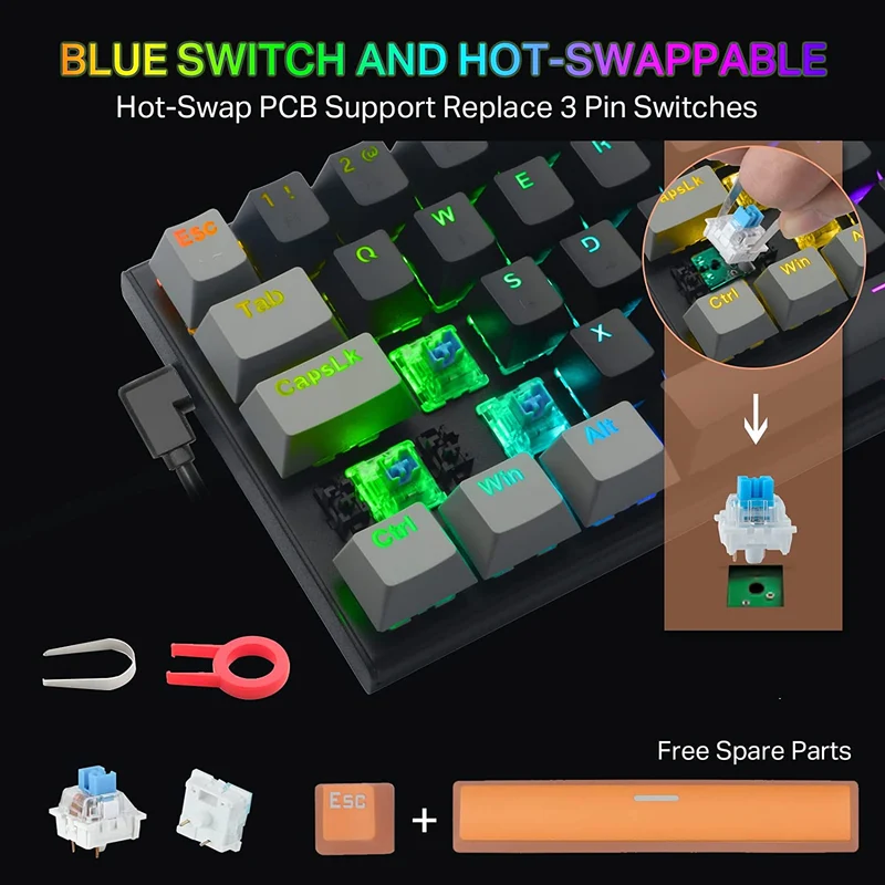 E-Yooso Z-11 RGB 61 Keys Hot Swappable Mechanical Keyboard Black/Grey (Blue Switch)
