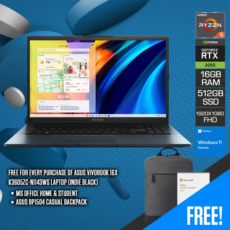 Asus Vivobook Pro 15 M6500QC-HN165WS Laptop (Quiet Blue) | 15.6” FHD (1920 x 1080) | Ryzen 5 5600H | 16GB RAM | 512GB SSD | RTX 3050 | Windows 11 Home | MS Office Home & Student 2021 | Asus BP1504 Casual Backpack