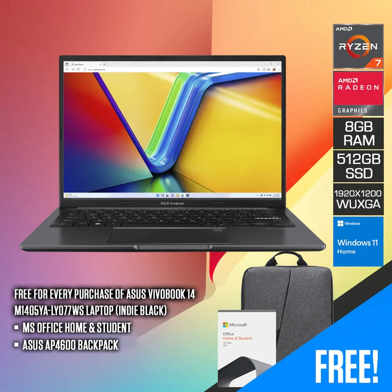 Asus Vivobook 14 M1405YA-LY077WS Laptop (Indie Black) | 14” WUXGA (1920 x 1200) | Ryzen 7 7730U | 8GB RAM | 512 GB SSD | AMD Radeon Graphics | Windows 11 Home | MS Office Home & Student 2021 | Asus AP4600 Backpack