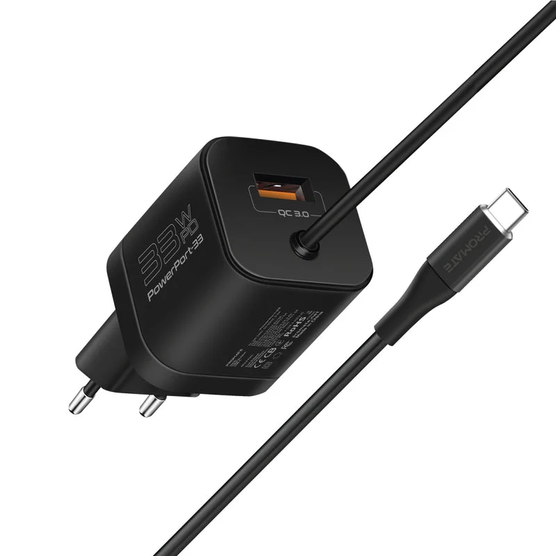 Promate Powerport-PDQC3.EU 33W Super Speed Wall Charger w/ Quick Charge 3.0 & USB-C Power Delivery (Black)