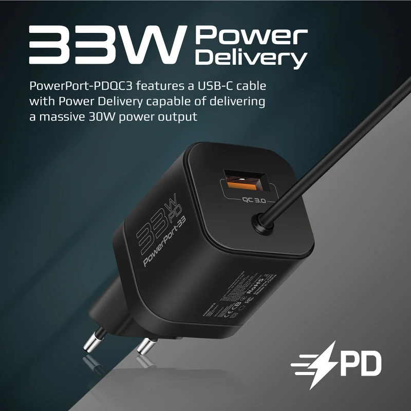 Promate Powerport-PDQC3.EU 33W Super Speed Wall Charger w/ Quick Charge 3.0 & USB-C Power Delivery (Black)