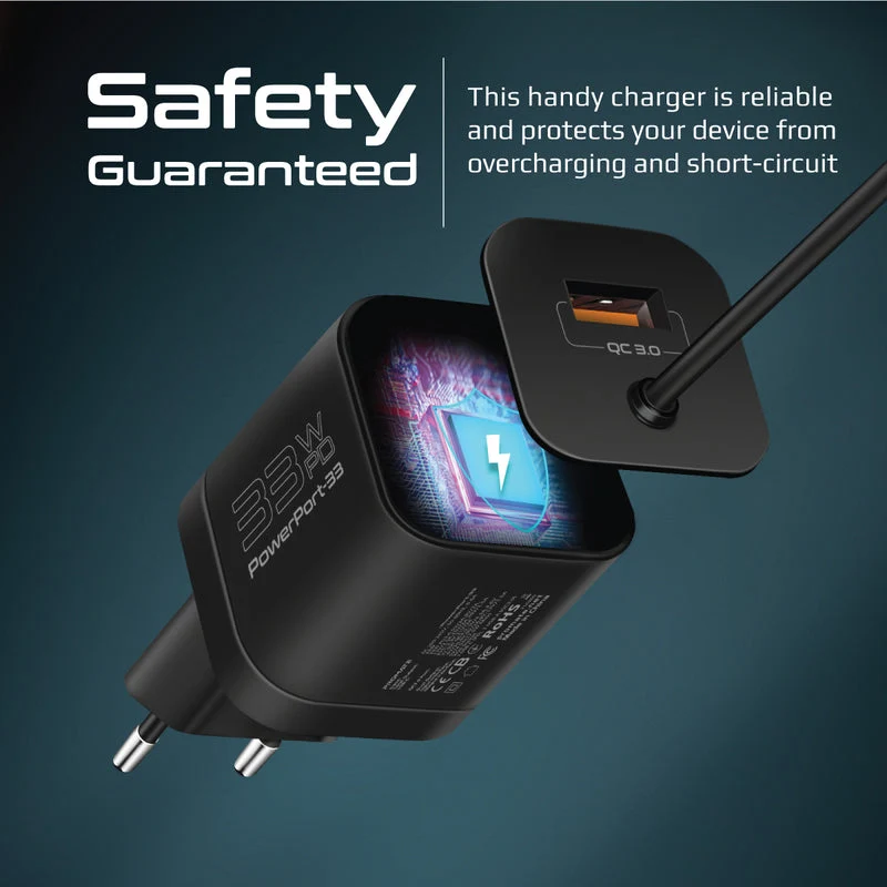 Promate Powerport-PDQC3.EU 33W Super Speed Wall Charger w/ Quick Charge 3.0 & USB-C Power Delivery (Black)