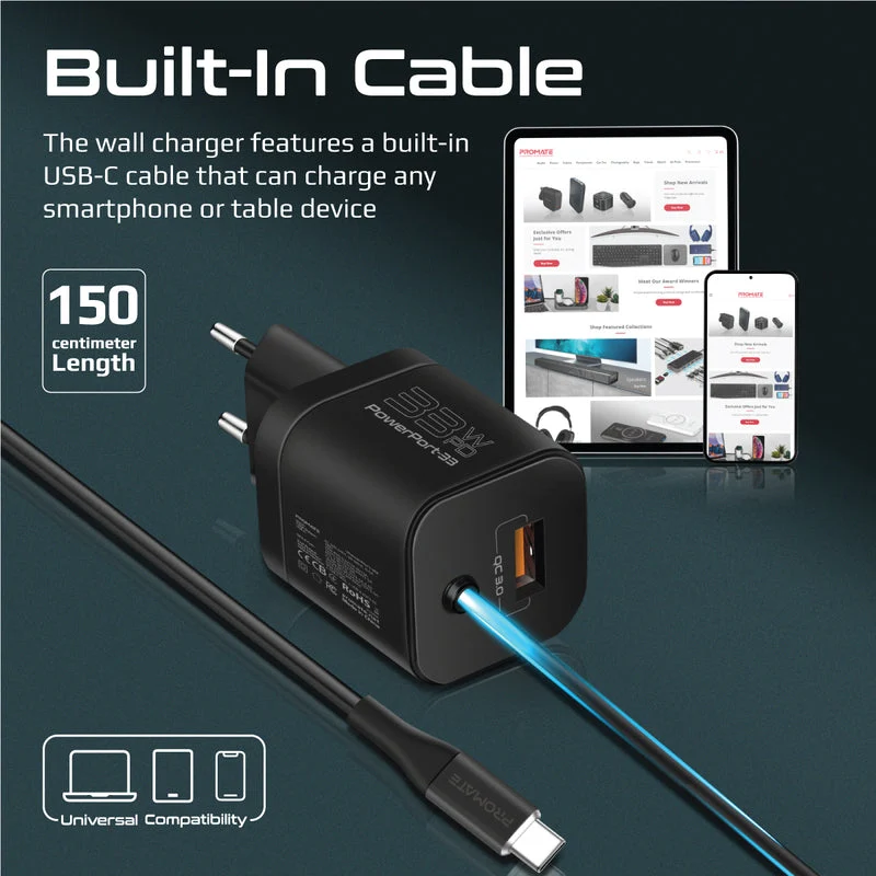Promate Powerport-PDQC3.EU 33W Super Speed Wall Charger w/ Quick Charge 3.0 & USB-C Power Delivery (Black)