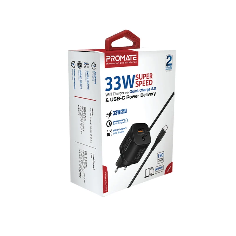 Promate Powerport-PDQC3.EU 33W Super Speed Wall Charger w/ Quick Charge 3.0 & USB-C Power Delivery (Black)